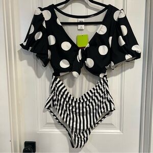 Tabitha Brown Black White Stripes Polka Dots One Piece Swimsuit. Size‎ 16W. NWT.